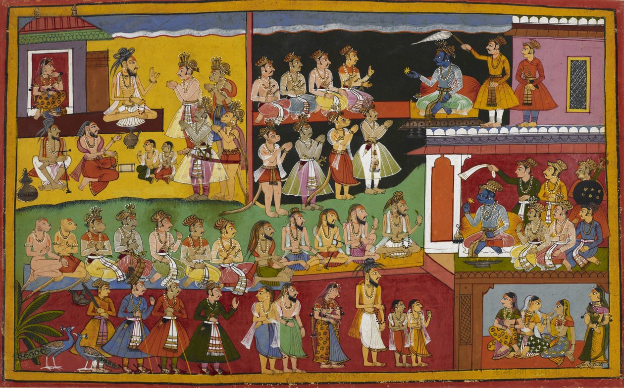 Rāma gjenkjenner Lava og Kusha, og Sītā sverger sin uskyld foran ham. av Indian School