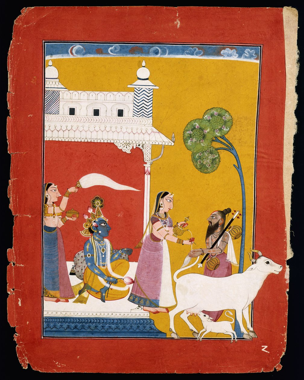 Rukmini tilbyr vann til vismannen Narada mens hennes kone Krishna sitter i huset hennes, ca. 1725-1730 av Indian School