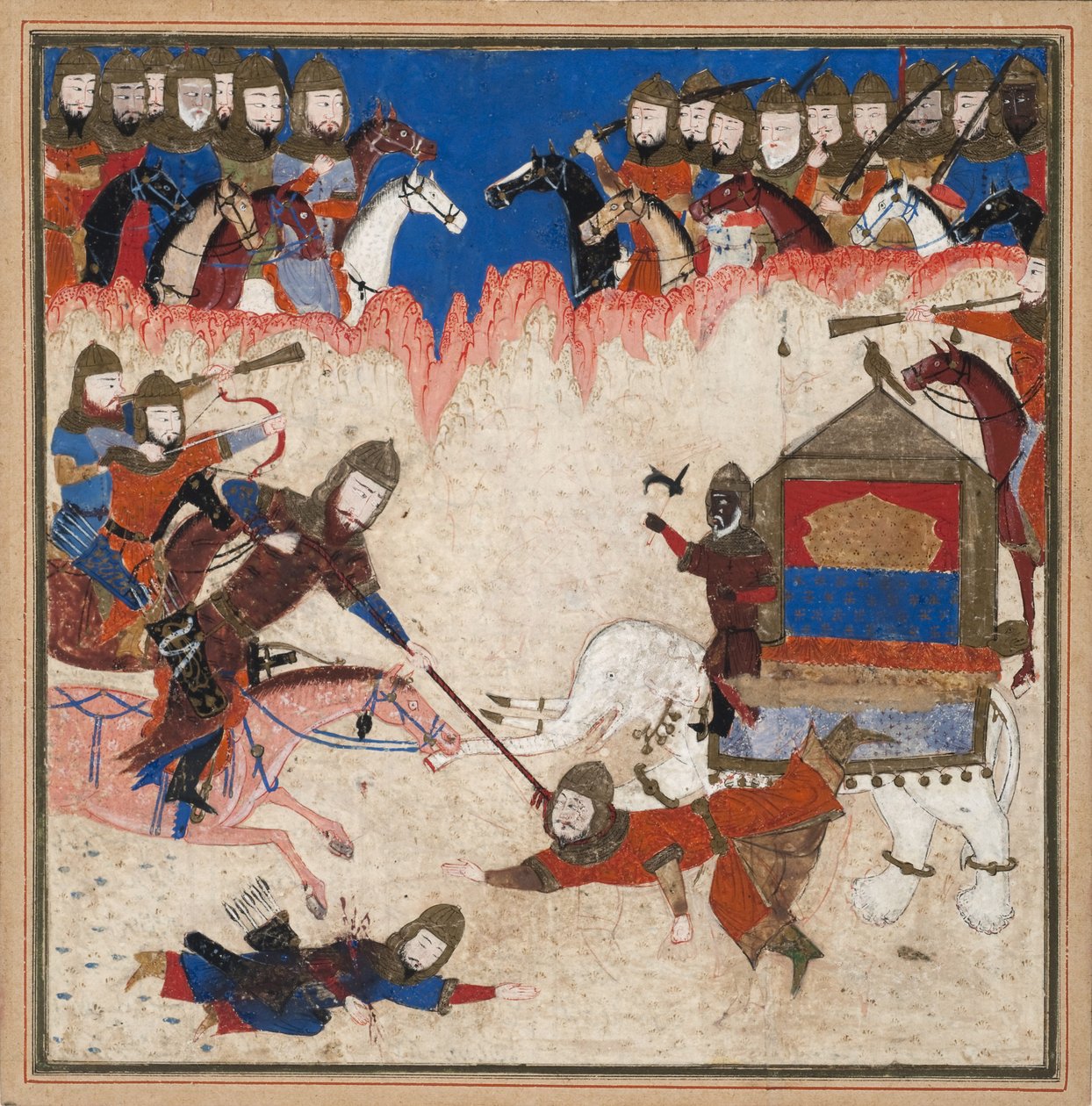 Rustam lassos Khaqan fra Kina og drar ham fra elefanten sin, ca. 1450 (ugjennomsiktig wc og gull på papir) av Indian School