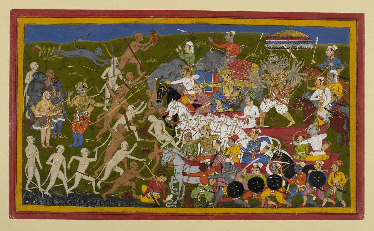 Rāvaṇa rykker frem mot apene, Rāma og Lakṣmaṇa venter i reserve av Indian School