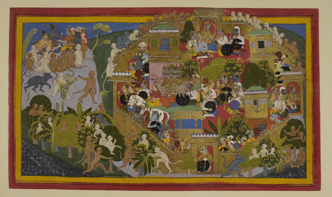 Rāvaṇa tildeler Laṅkās forsvar; Rāma speidere fra Mount Suvela av Indian School