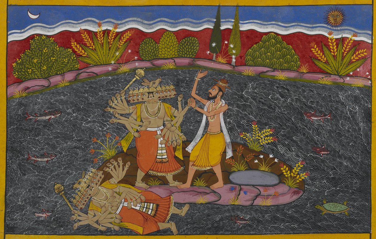 Rāvaṇa kjemper mot mahāpuruṣa, vismannen Kapila, som beseirer ham av Indian School