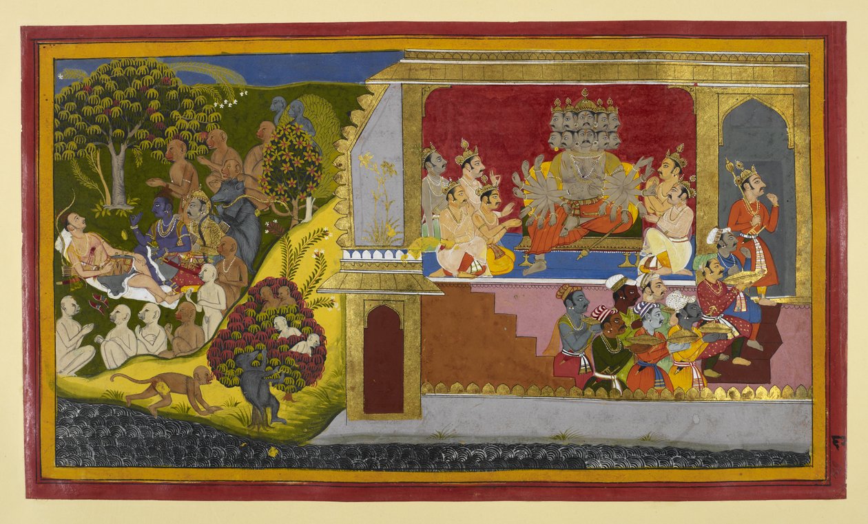 Rāvaṇa kommanderer Kumbhakarṇas oppvåkning; Rāma og ledere har en tendens til Lakṣmaṇa av Indian School