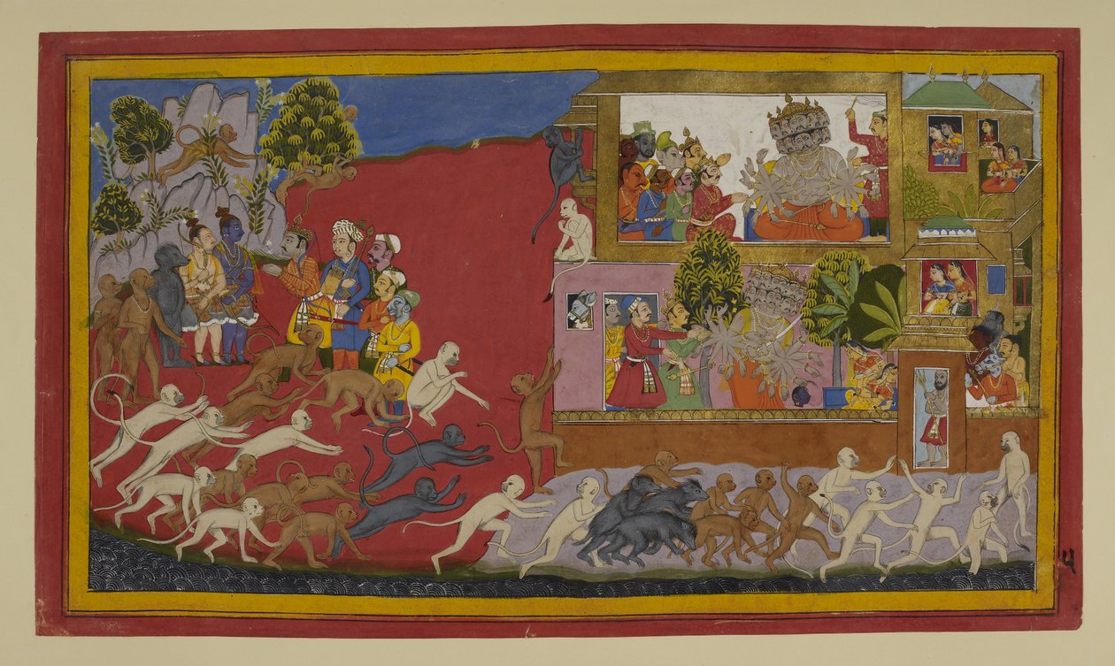 Rāvaṇa bedrar Sītā med et falskt hode; aper speider Lanka av Indian School