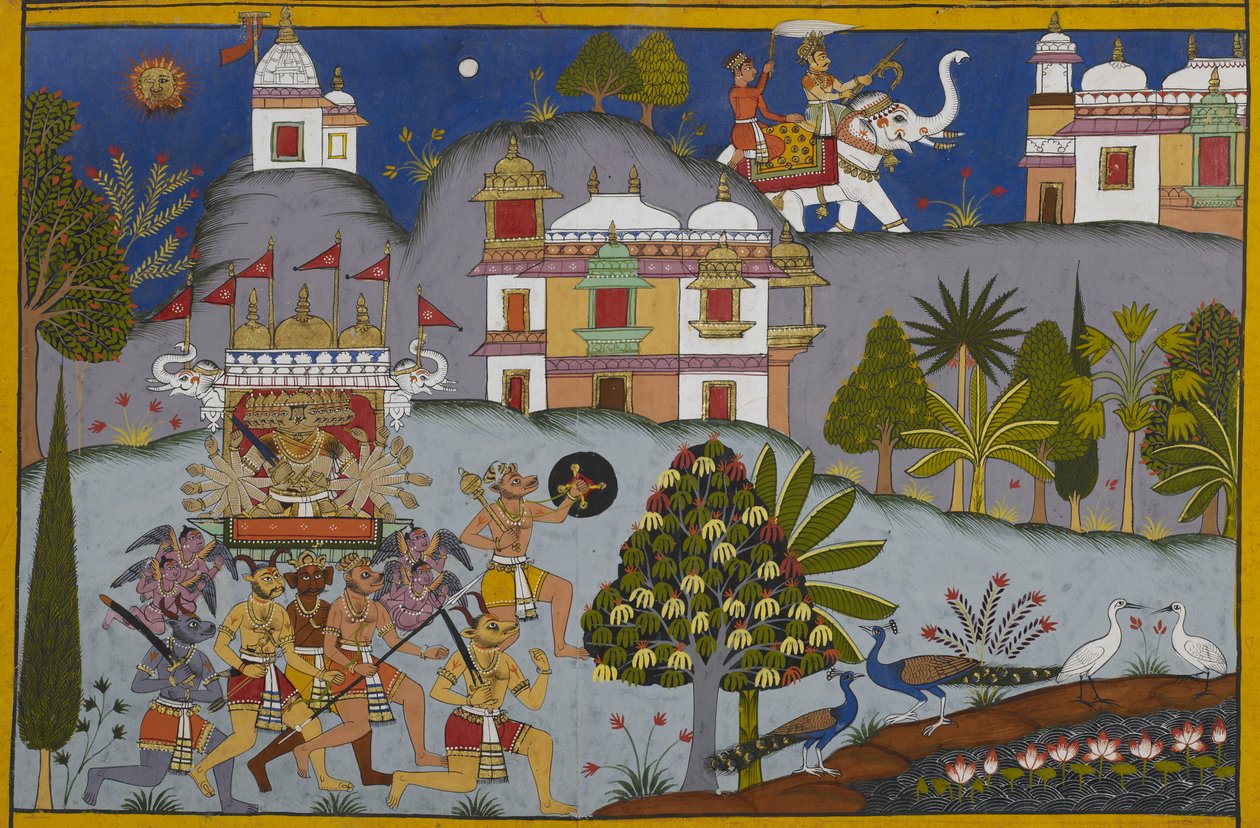 Rāvaṇa marsjerer til Devaloka mens Indra beveger seg for å samle gudene og søke Viṣṇus hjelp av Indian School