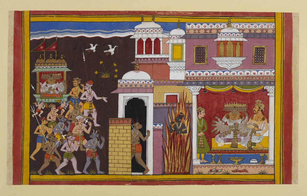Rāvaṇa møter Bali i et palass bevoktet av Viṣṇu, som forsvinner og sparer ham foreløpig. av Indian School
