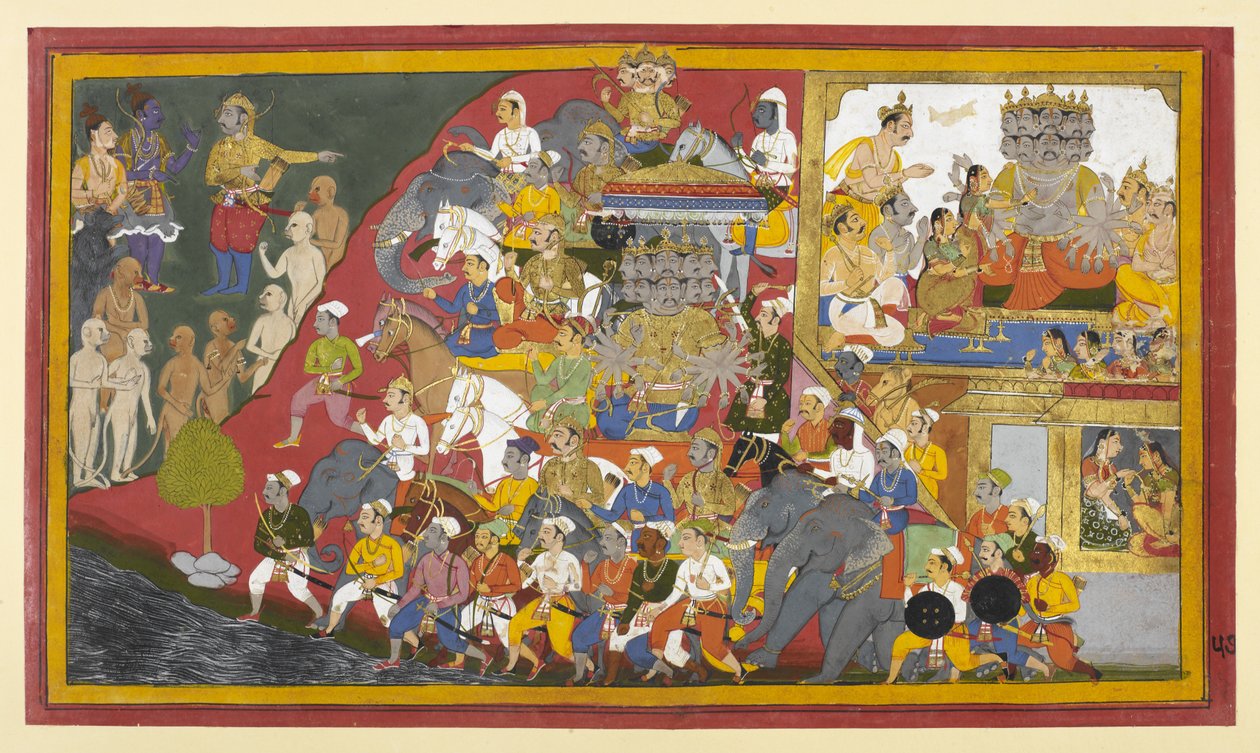Rāvaṇa forbereder seg til kamp; Rāma konsulterer Vibhīṣaṇa om fiendens kommandører av Indian School