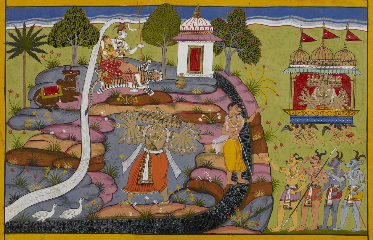 Rāvaṇa rir på Puṣpaka-vognen, løfter og rister deretter Kailāsa-fjellet for å utfordre Śiva av Indian School