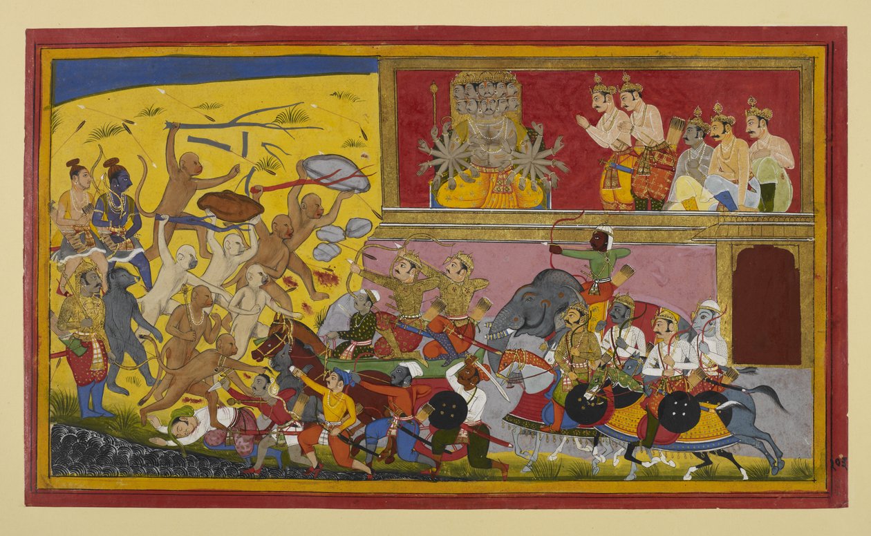 Rāvaṇa sender Kumbha, Nikumbha og demoner for å kjempe mot aper, Rāma og allierte ser på av Indian School