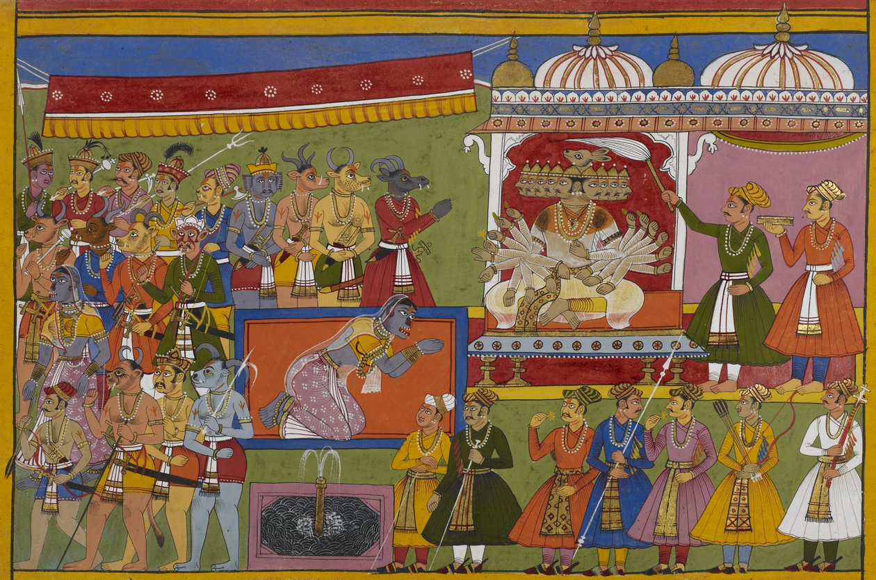 Rāvaṇa sitter på tronen sin mens søsteren hans Śūrpaṇakhā sørger over ektemannens død ved hans hånd. av Indian School
