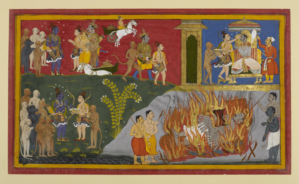 Rāvaṇas begravelsesritualer utføres; Vibhīṣaṇa blir kronet til konge av Lakṣmaṇa av Indian School
