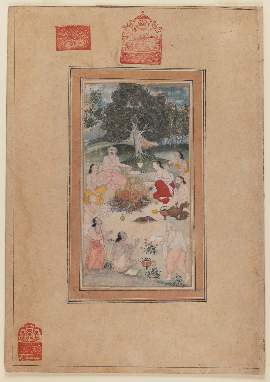 Sadhus samlet seg rundt et bål, ca. 1600 (wc på papir) av Indian School