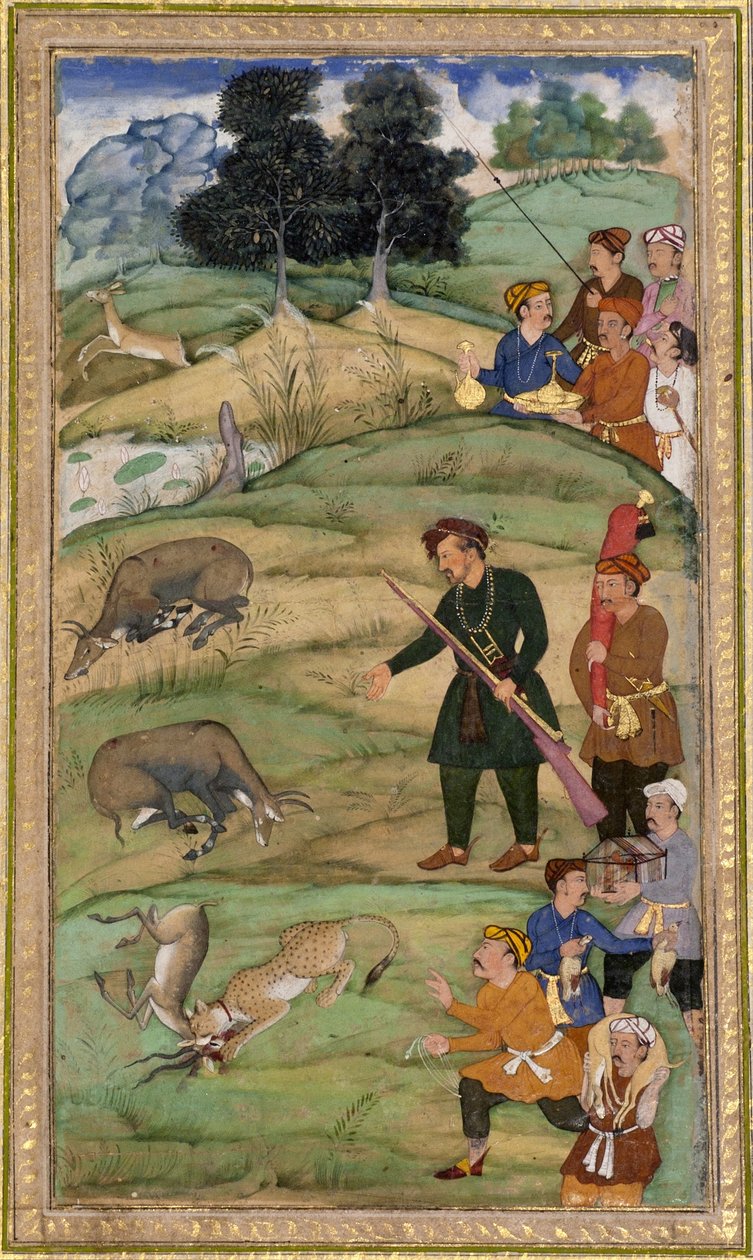 Salim, som holder riflen sin, gestikulerer mot en død nilgai, ca. 1600 (ugjennomsiktig wc og gull på papir) av Indian School
