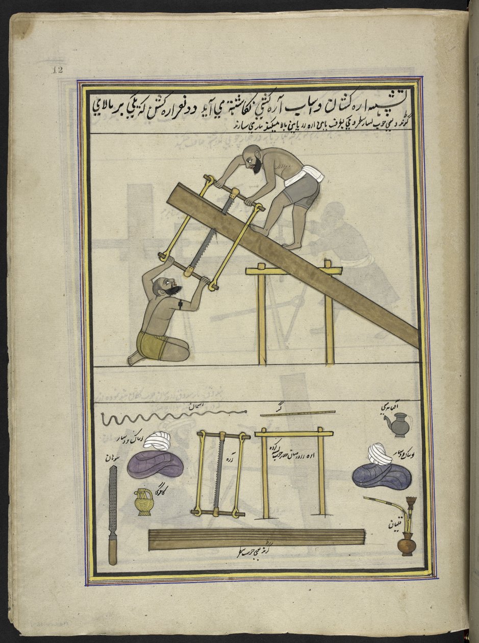 Sawyers,  86 tegninger bundet inn i et bind som viser handel og yrker i Kashmir, håndverkere vises i arbeid med redskaper og utstyr,  Av en Kashmir-kunstner, sannsynligvis i Srinagar, ca. 1850-60 (gouache på papir) av Indian School