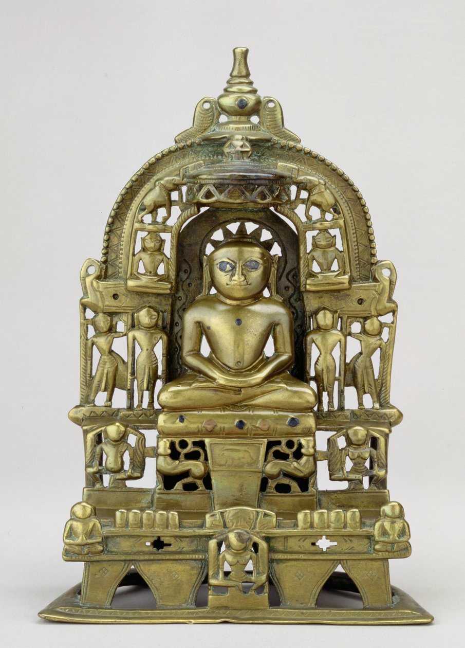 Sittende bilde av Jain Tirthankara Kuntanatha, Vasantagarh, Sør-Rajasthan, 1476 (messing med kobber- og sølvinnlegg) av Indian School