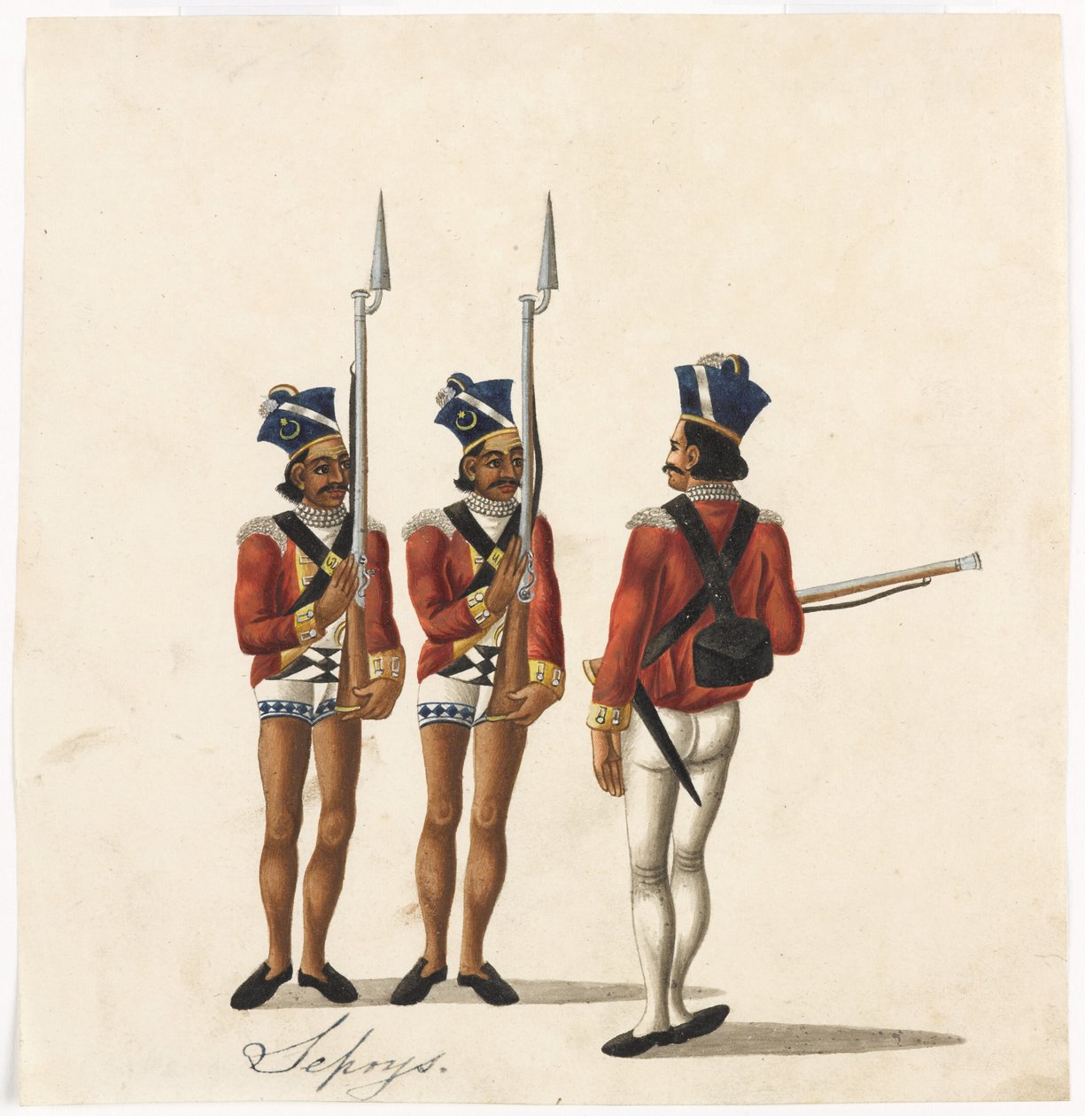Sepoys og en indisk offiser, Bengal Army, ca. 1815 (akvarell på papir) av Indian School
