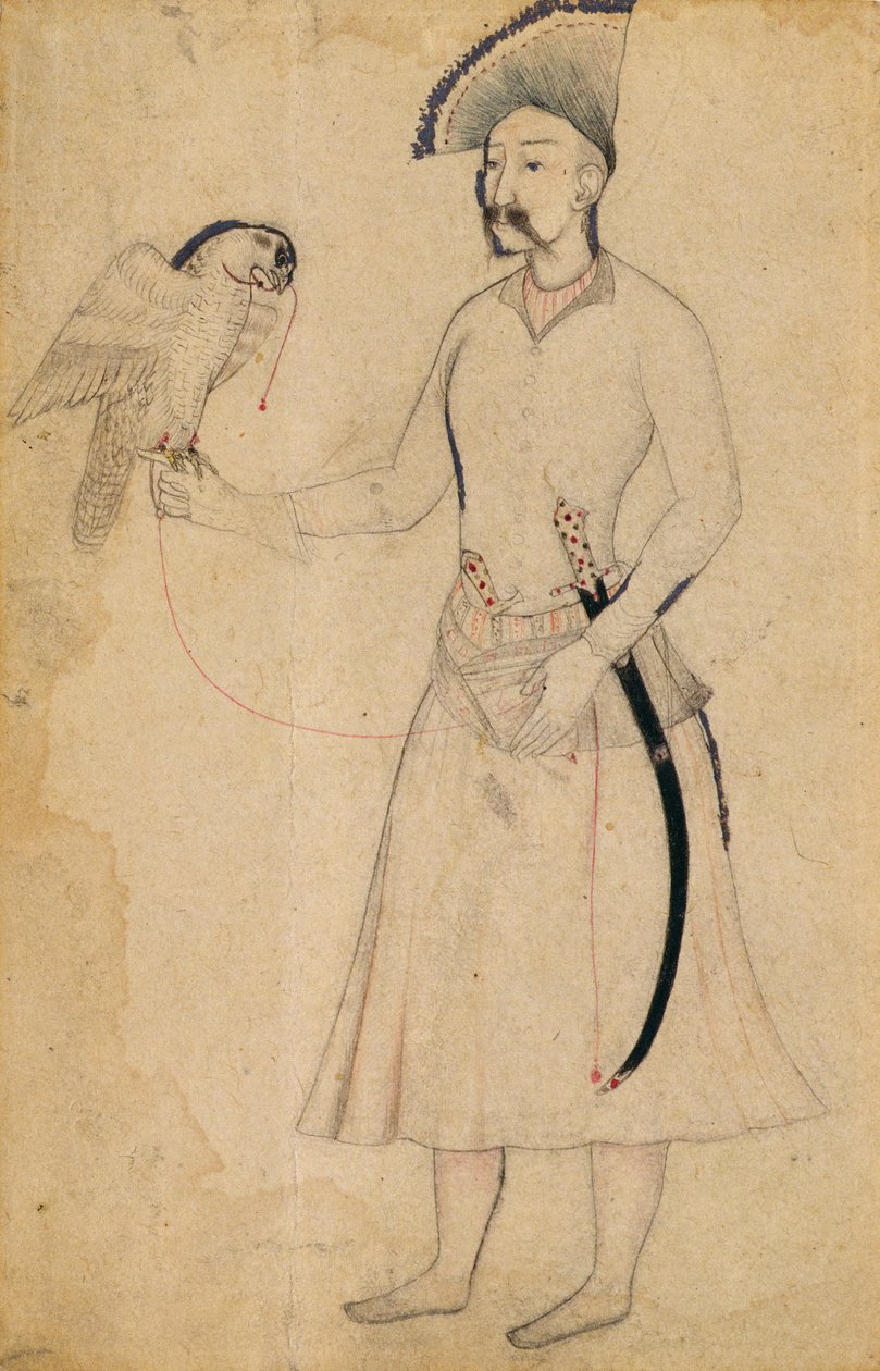 Shah Abbas I av Persia (1588-1629) holder en falk, etter en original fra det tidlige 1600-tallet, Mughal, tidlig på 1800-tallet (penseltegning på papir) av Indian School