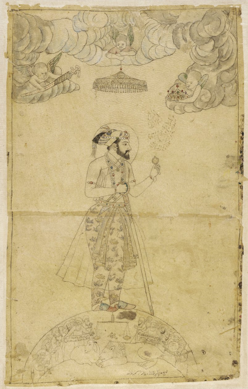 Shah Jahan står på en globus (gull og farge på papir) av Indian School