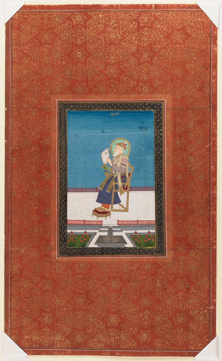 Shah Jahan med en falk, 1875-1900 (ugjennomsiktig wc og gull på papir) av Indian School