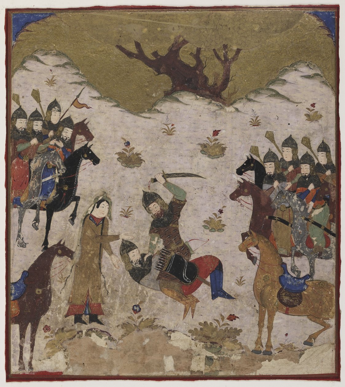 Shahru identifiserer Burzu som Rustams barnebarn under den siste kampen mellom Rustam og Burzu, ca. 1425-50 (ugjennomsiktig akvarell og gull på papir) av Indian School