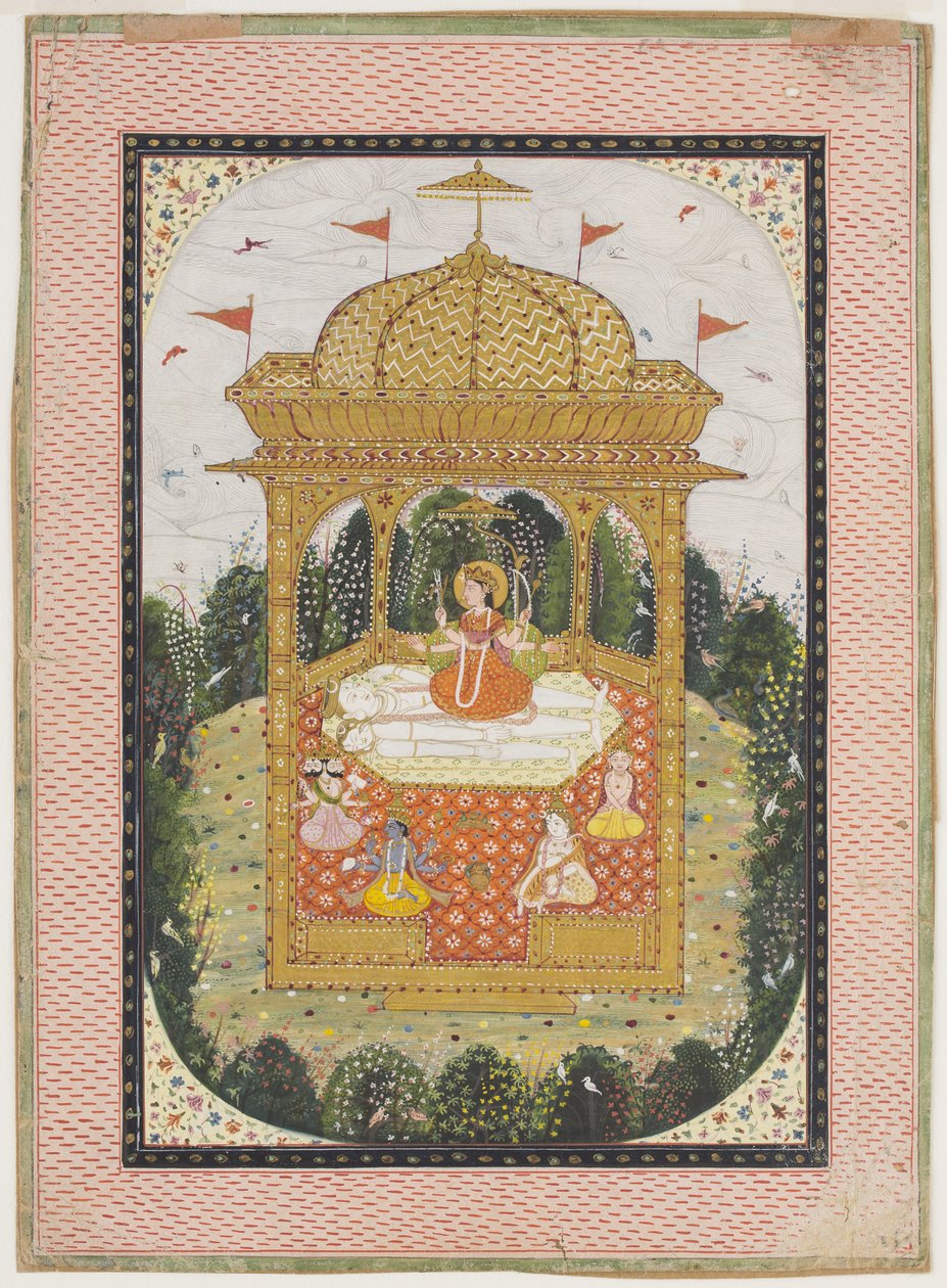 Shakti med Shiva og andre guder i et tempel, ca. 1780 (gouache og forgylt på papir) av Indian School
