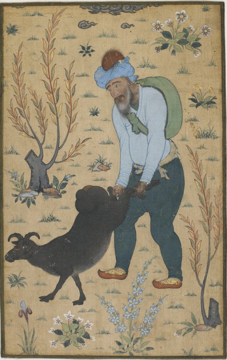 Hyrde og geit, Mughal-dynastiet (farge på bomull) av Indian School