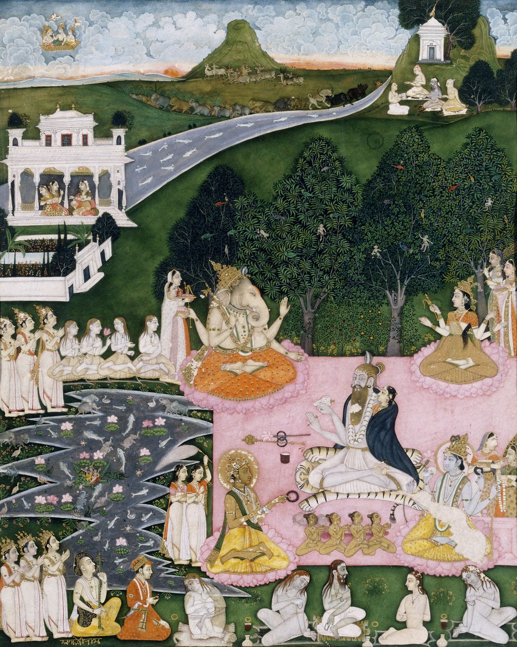 Shiva sitter på et tigerskinn, holder Devi pakket inn i en kappe, ca. 1760 av Indian School