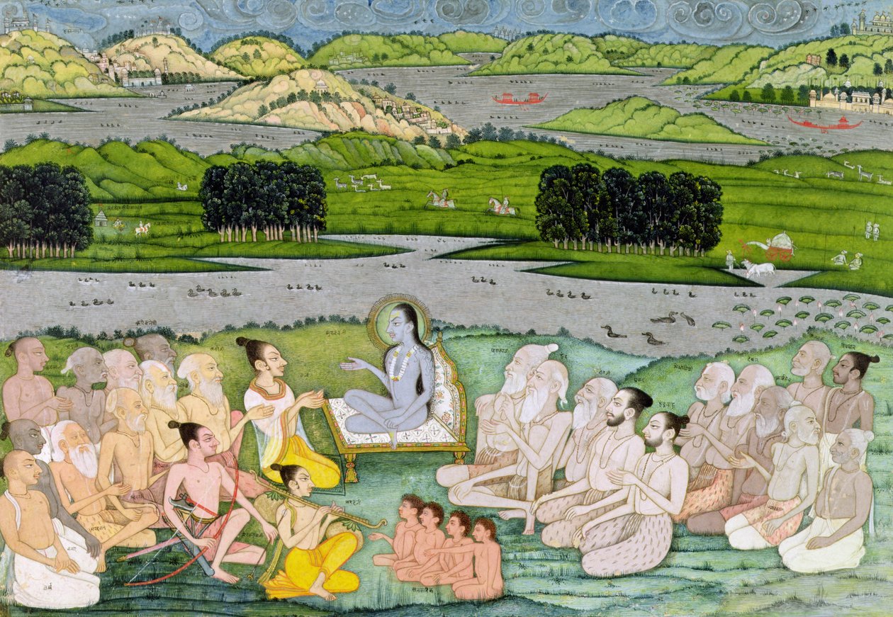 Shri Sukdevji forkynner for en forsamling av Sadhus, Rajasthan, ca. 1757 av Indian School