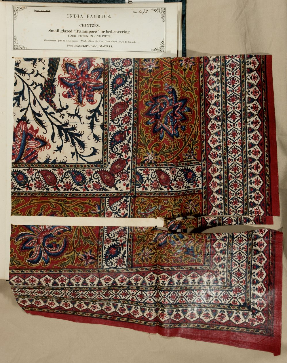 Liten glasert palampore eller sengedekkeprøve fra Masulipatam i Madras, fra The Collection of the Textile Manufacturers of India, av John Forbes Watson, utgitt i 1866 av Indian School