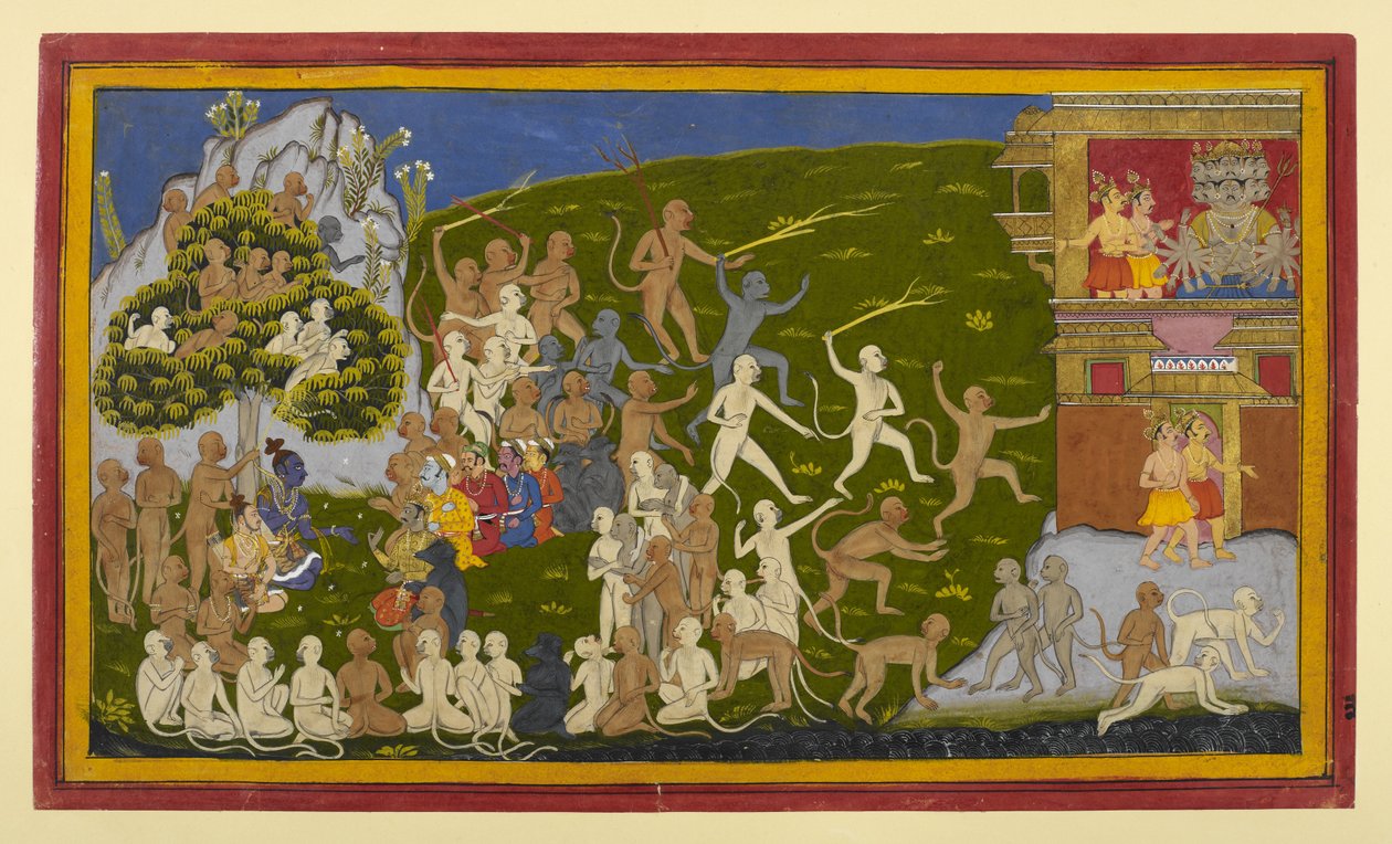 Spioner Śuka og Sāraṇa tatt til fange, rapporterer til Rāvaṇa; aper trakasserer Laṅkā av Indian School