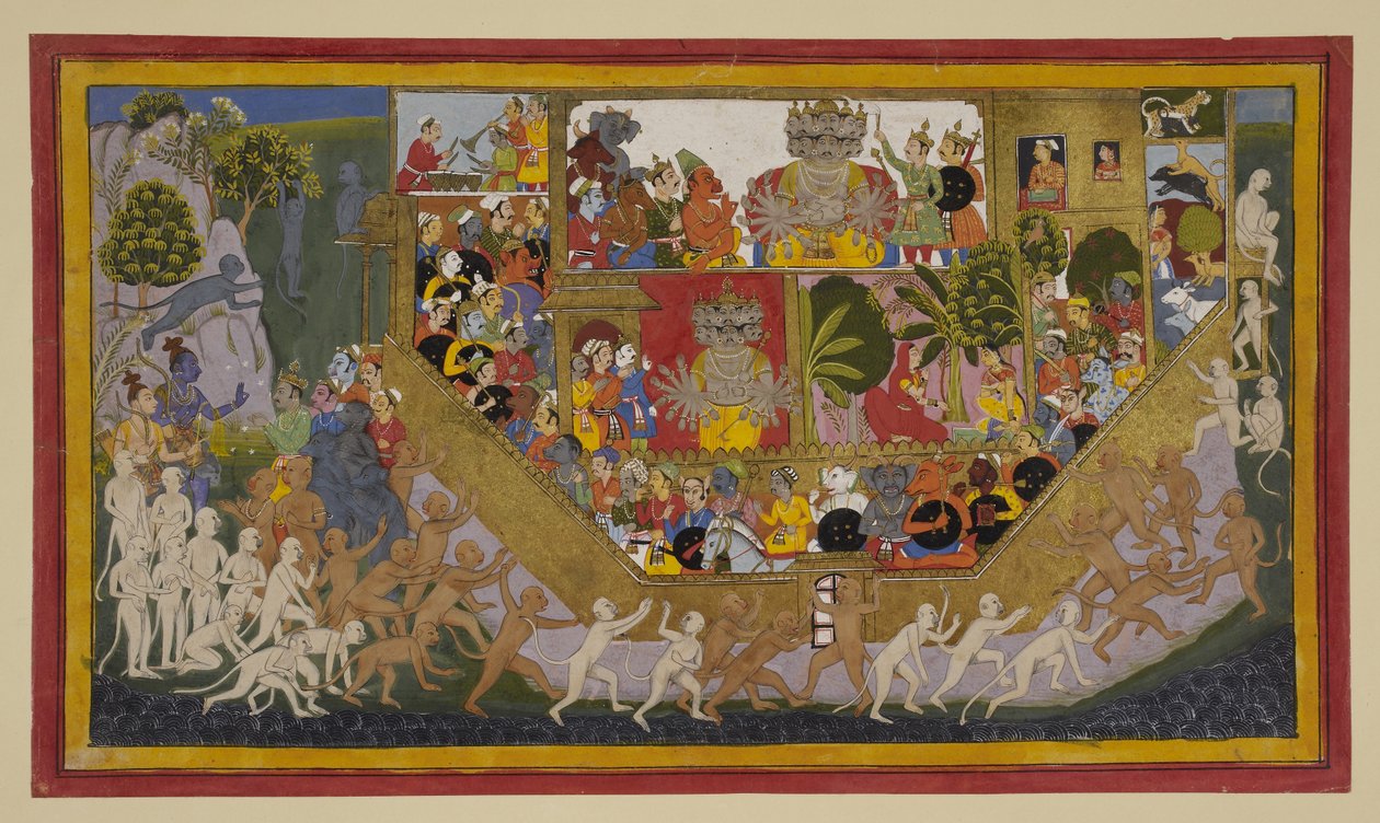 Sītā ber om døden; Rāvaṇa klargjør styrker mens Rāmas allierte beleirer Laṅkā av Indian School