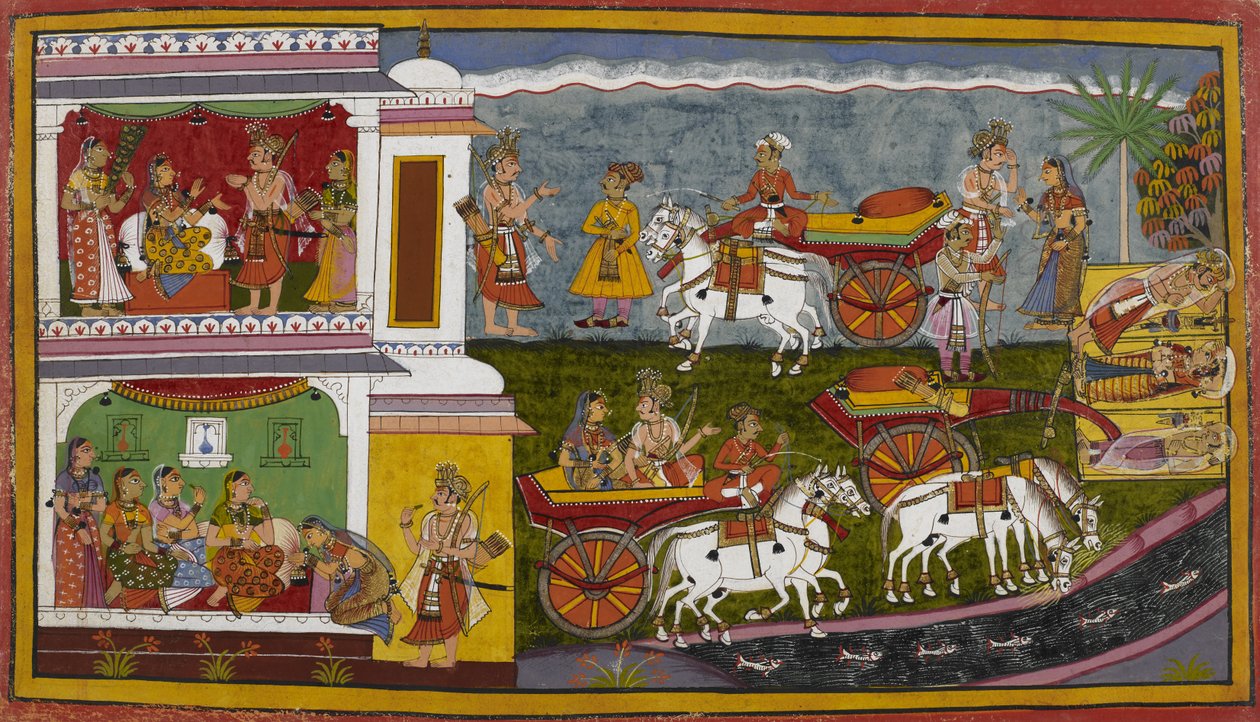 Sītā besøker eremitboligene sammen med Lakṣmaṇa og hviler i en av dem ved Gaumati-elven. av Indian School