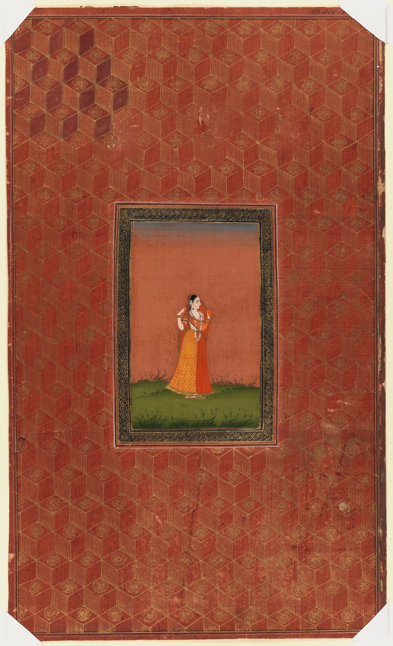 Stående kvinne, 1875-1900 (ugjennomsiktig wc og gull på papir) av Indian School