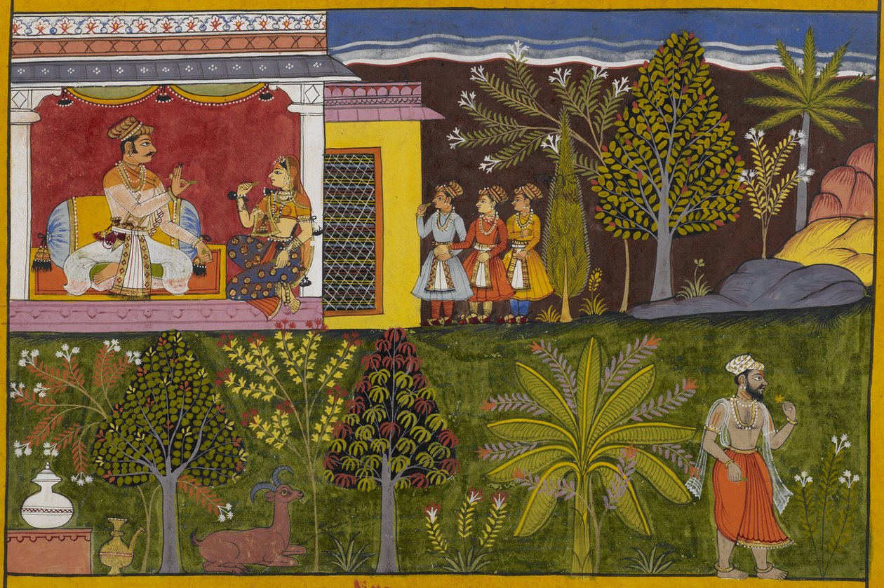 Sukeśa oppnår suverenitet over rākṣasene gjennom bot og vises sammen med familien sin av Indian School