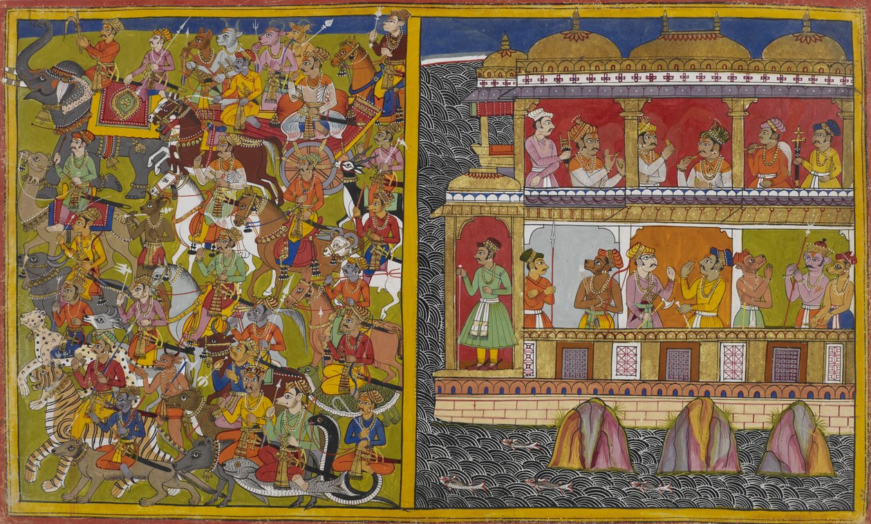Sukeśas sønner marsjerer fra Laṅkā for å kjempe mot Viṣṇu og gudene av Indian School