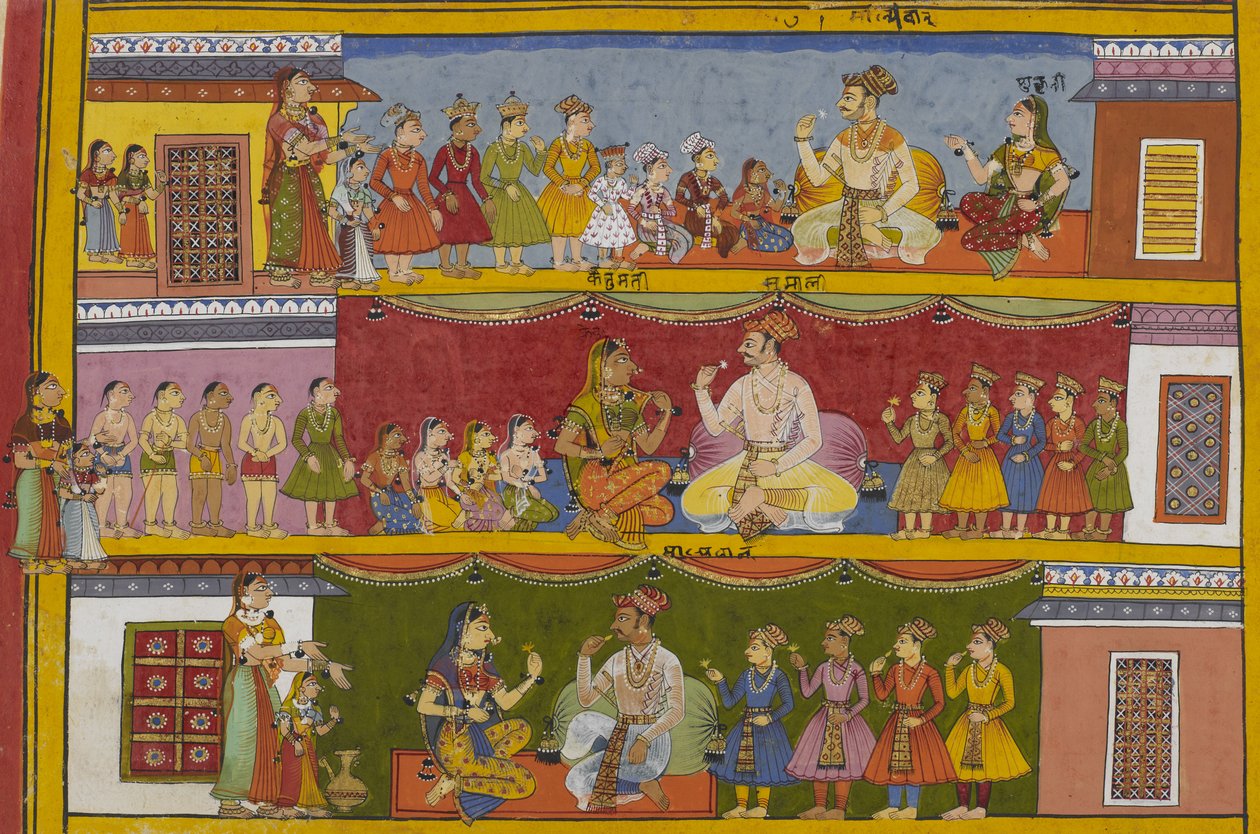 Sukeśas tre sønner gifter seg med gandharvīs og oppdrar familier, vist på tvers av tre registre av Indian School