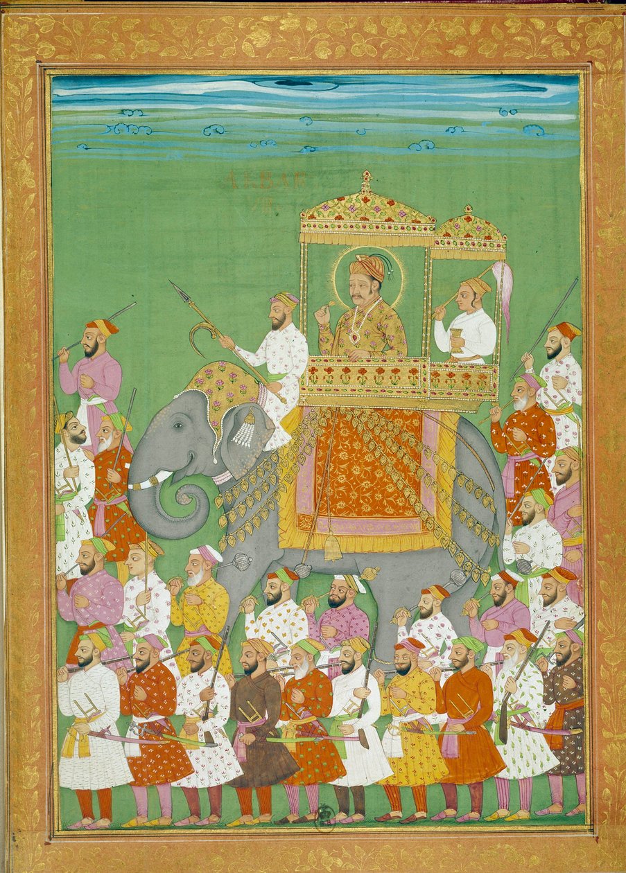 Sultan Akbar rir på en elefant med hoffet til Shah Alem. Miniatyr fra en reisehistorie av Niccolo Manucci (1638 - 1717), venetiansk oppdagelsesreisende. India av Indian School