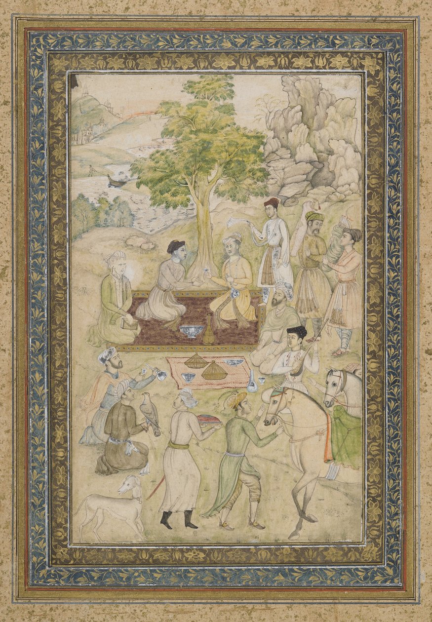Sultan Murad og Sultan Daniyal på piknik, frittstående albumfolio med maleri, ca. 1900 av Indian School