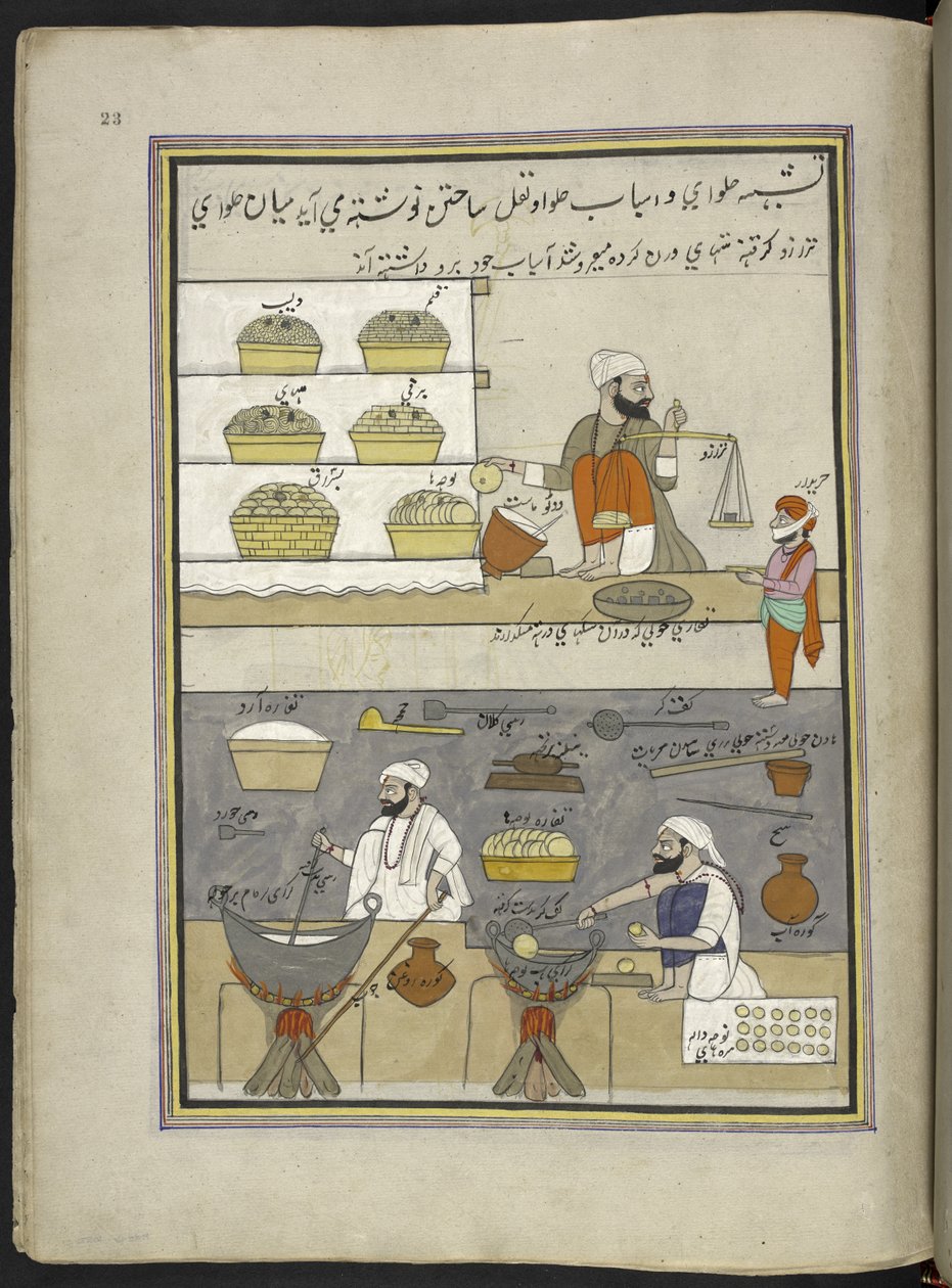 Søtmatprodusenter,  86 tegninger bundet inn i et bind som viser handel og yrker i Kashmir, håndverkere vises i arbeid med redskaper og utstyr,  Av en Kashmir-kunstner, sannsynligvis i Srinagar, ca. 1850-60 (gouache på papir) av Indian School