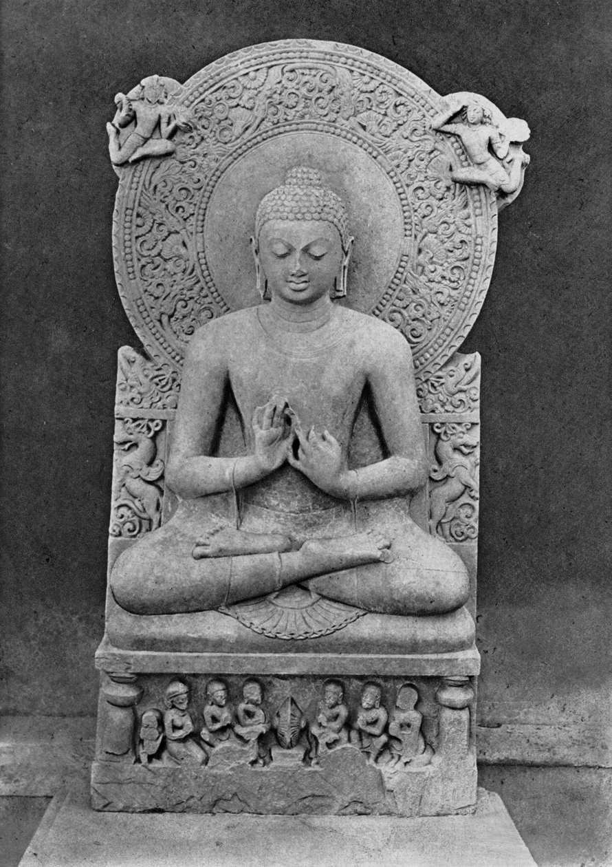 Undervisning i Buddha (Dharmacakra mudrā) (sandstein) av Indian School