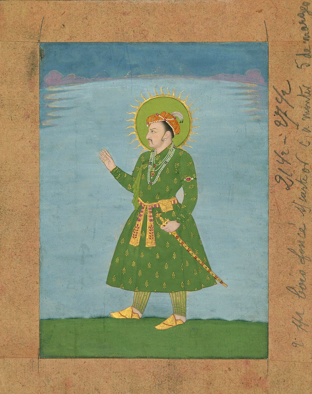 Den fjerde Mughal-keiseren Jahangir (r. 1605-1627), ca. tidlig 1600-talls miniatyrmaleri (blekk og pigmenter på brunt papir) av Indian School