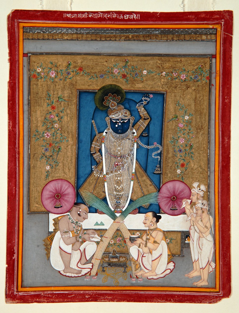 Tilbedelsen av Krishna som Shrinath ji, 1800-25 (ugjennomsiktig wc og gull på papir) av Indian School