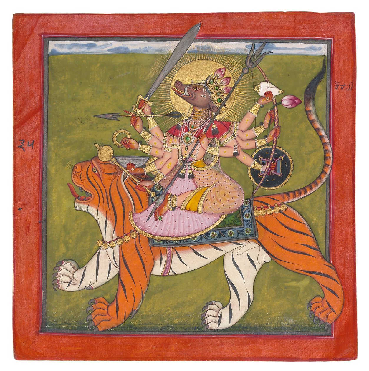 The Boar-faced Goddess, Varahi, ca. 1660-70 (ugjennomsiktig wc, gull, billeskjold på papir) av Indian School
