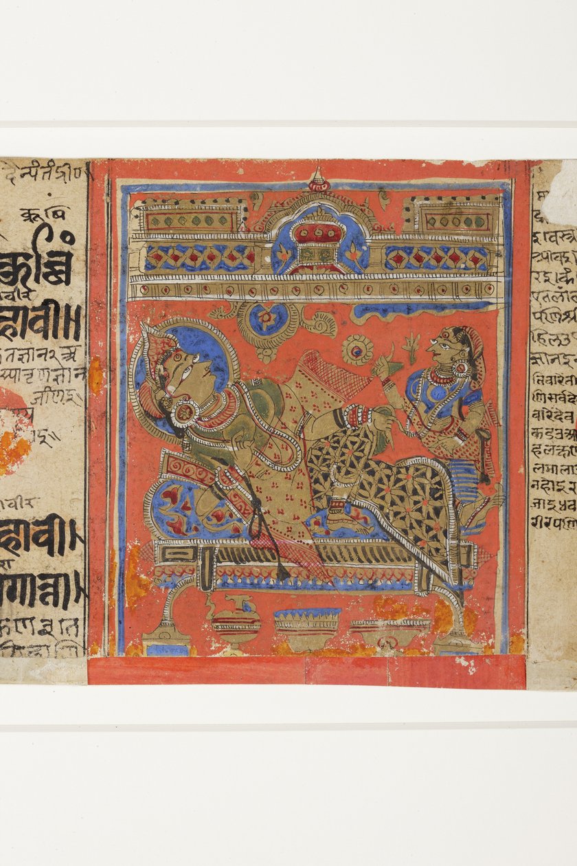Brahmani Devananda på sofaen hennes, fra Kalpasutra (ugjennomsiktig wc på papir) av Indian School