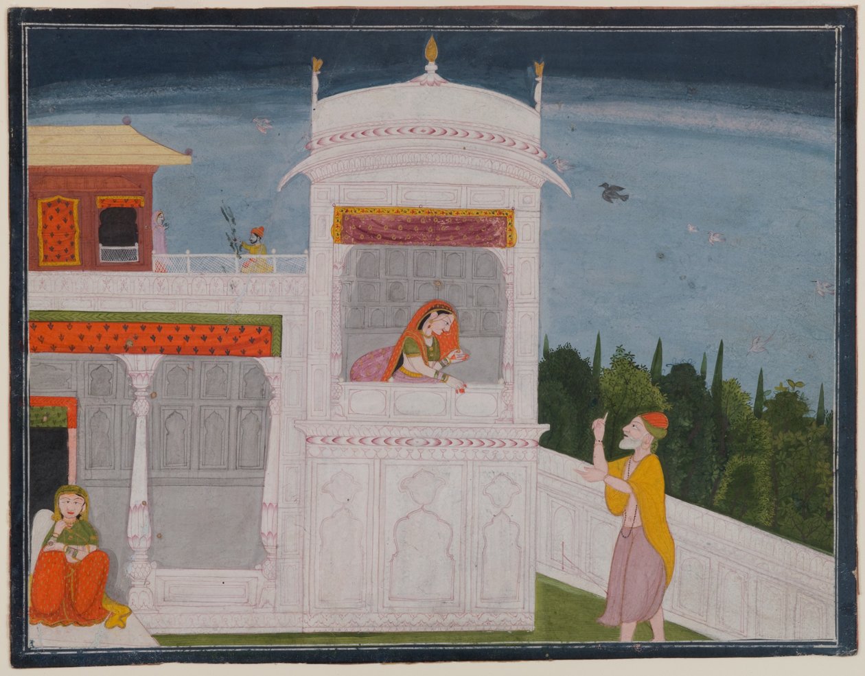 Brahminen Sudama og Rukmini i et palass, side fra Sudama-episoden av Bhagavata Purana-serien, ca. 1800 eller senere (wc på papir) av Indian School