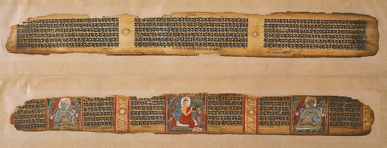 Buddha distribuerer honning, fra et Prajnaparamita-manuskript, Vest-Bengal (ugjennomsiktig akvarell og blekk på palmeblad) av Indian School