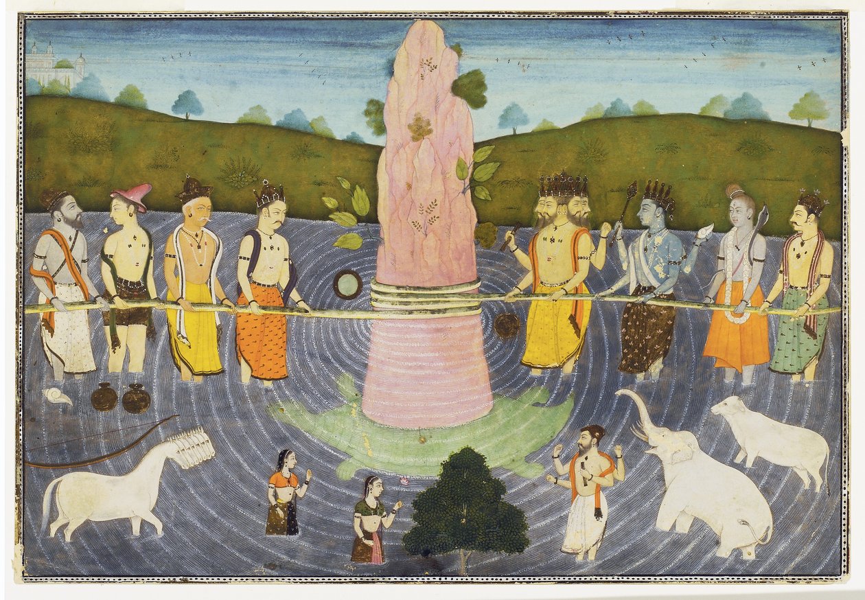 The Churning of the Ocean of Milk, ca. 1700 (ugjennomsiktig wc og gull) av Indian School