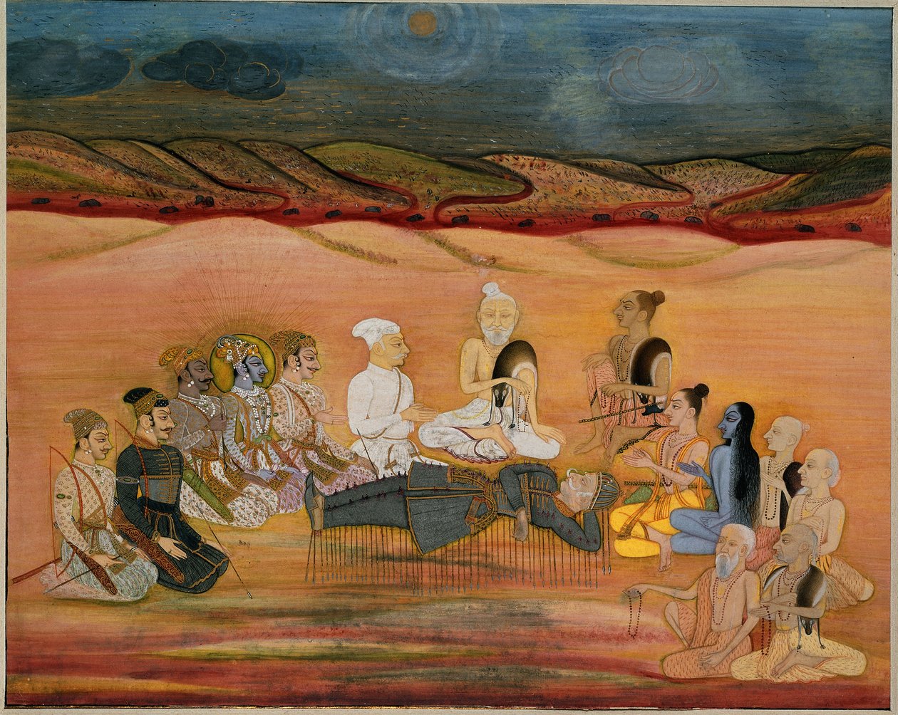 Bhishmas død, dødelig såret av Arjunas tallrike piler, ca. 1760-1770 av Indian School