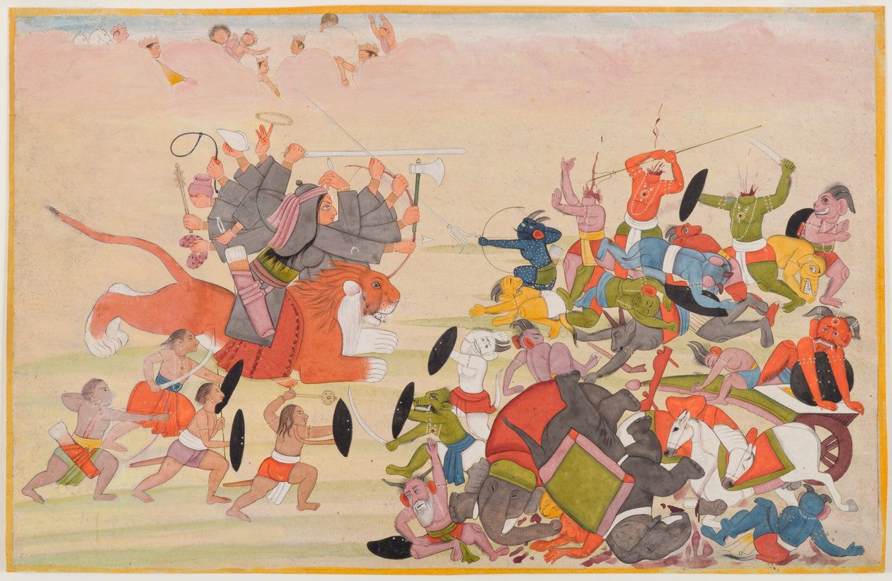 Devi beseirer Mahishasura, folio fra en spredt Devi Mahatmya-serie, ca. 1770-80 (wc på papir) av Indian School