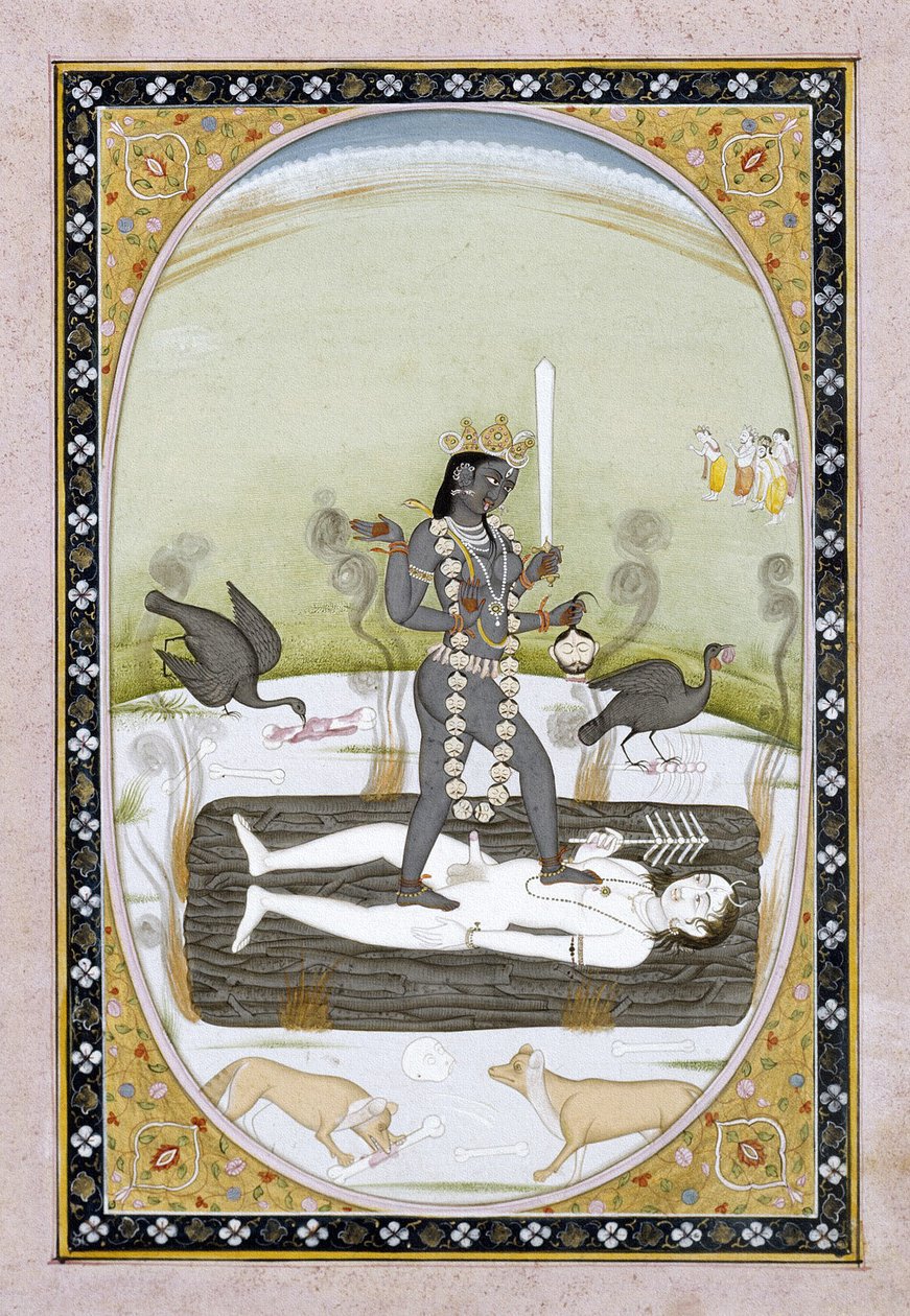 Gudinnen Kali representert i et Kangra-maleri, Himachal Pradesh, ca. 1820-5 (ugjennomsiktig akvarell og gullmaling på papir) av Indian School
